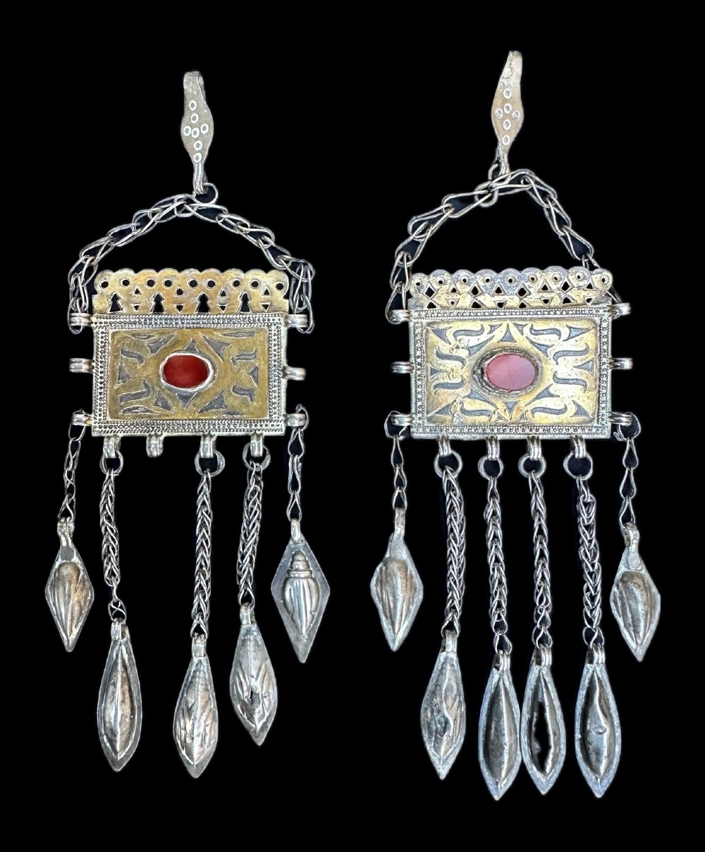 antique pair of turkmen 'gulak tenecir' dropped earings teke tribes merv oasis turkmenistan central asia